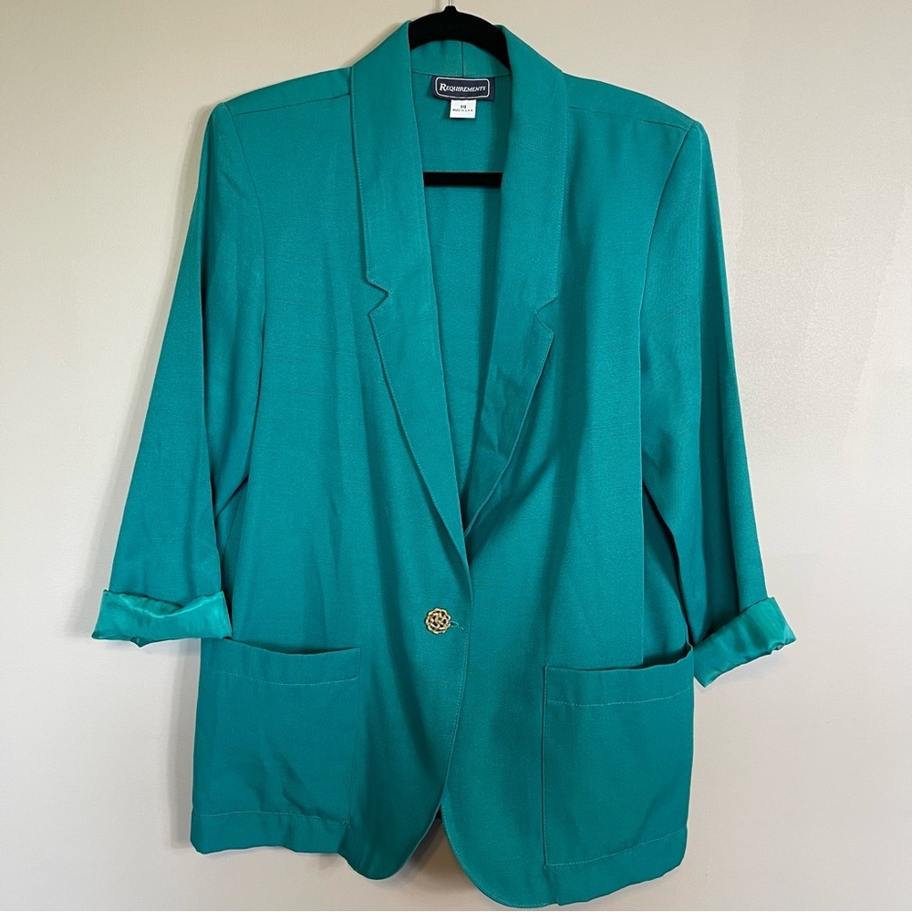 Vintage Requirements Teal Blazer Size 14 Single Button Green Oversized USA